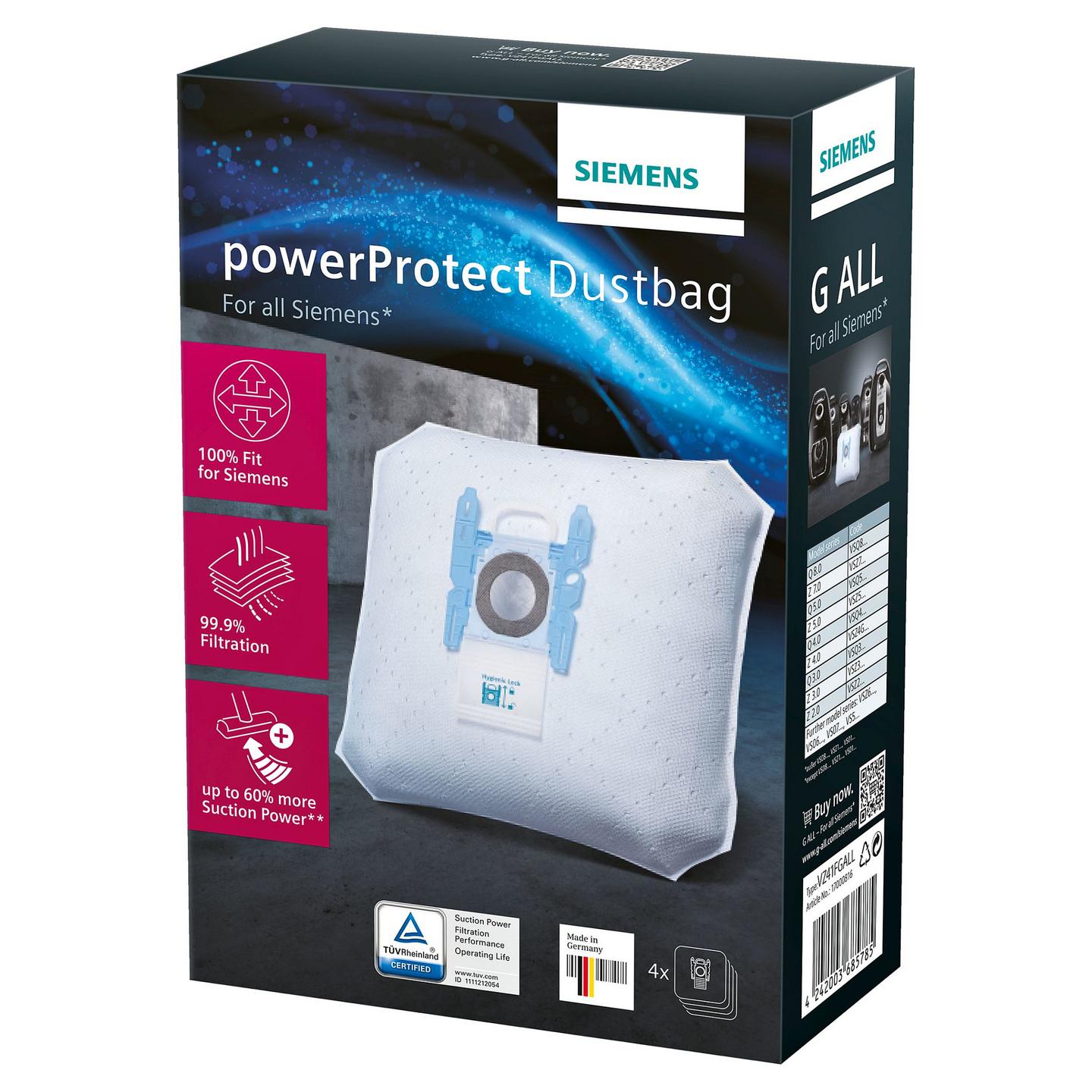 Aksesorë për Fshesë me Vakum Siemens / PowerProtect VZ41FGALL / Qese pluhuri G ALL / 4 copë