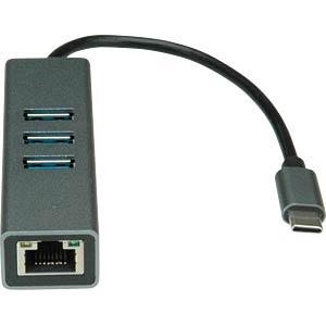 Hub USB-C ROLINE 12.02.1127, 3x USB-A 3.2 Gen 1, 5 Gbps, Gigabit Ethernet RJ45, Kabllo 10 cm, Korpus Alumini – Argjend - 2