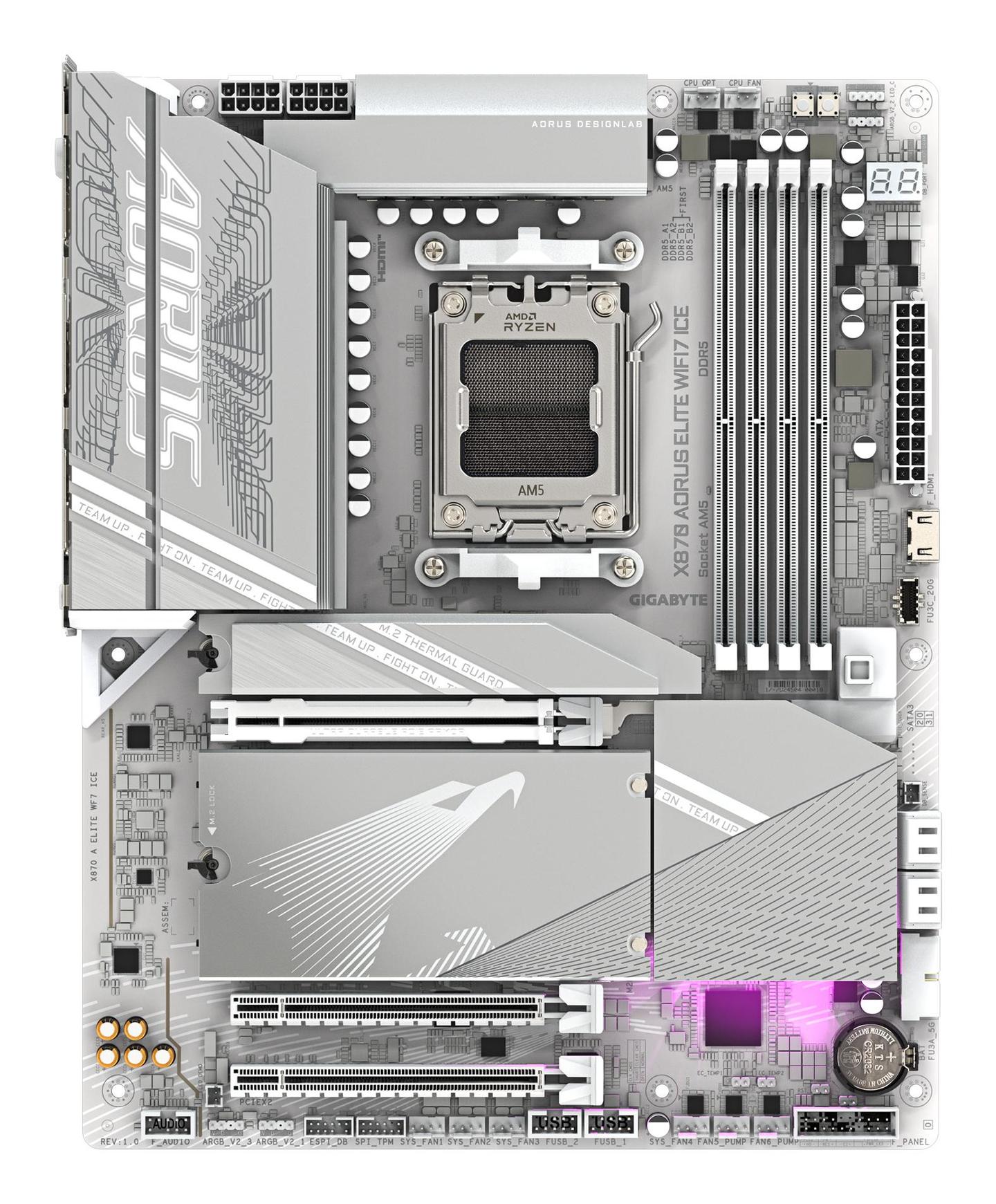 Pllakë Amë GIGABYTE X870 AORUS ELITE WIFI7 ICE / AMD X870 / AM5 / ATX / DDR5 / PCIe 5.0 / Wi-Fi 7 / 2.5GbE - 1