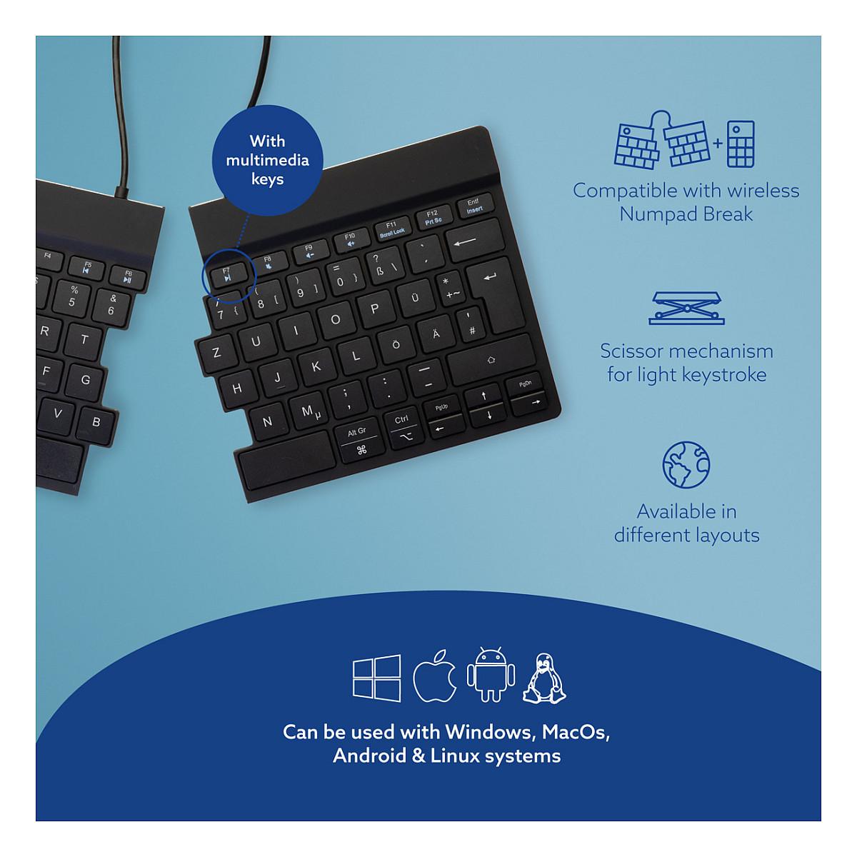 Tastierë pa kabllo R-Go Tools R-Go Split Break / QWERTZ (DE) / Mini / Ergonomike / Scissor / Bluetooth 5.0 / 2.4 GHz / 2 Pjesë – Zezë - 13