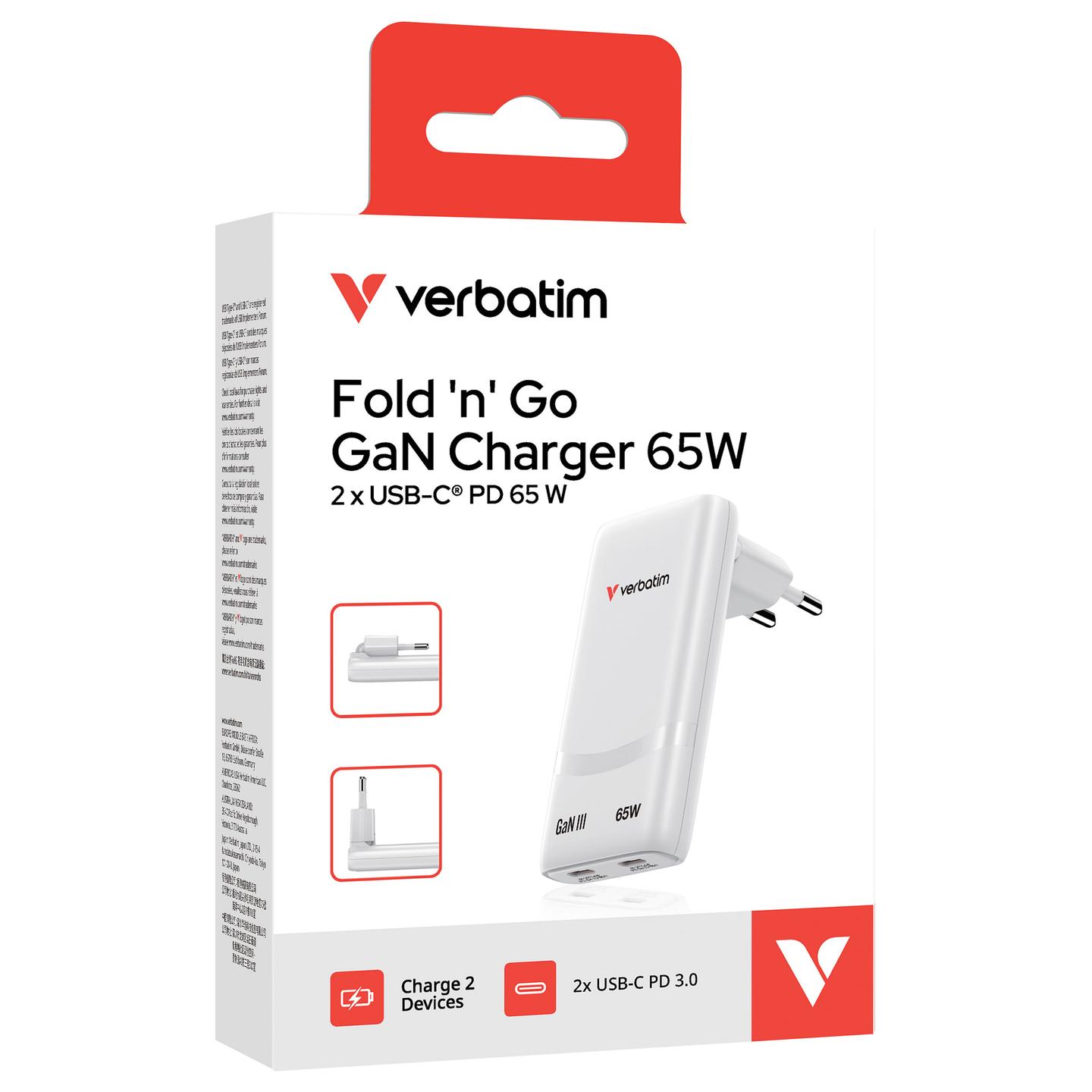 Karikues Verbatim Fold ’n’ Go GaN 32355, 65W, 2x USB-C, Power Delivery 3.0, PPS – Bardhë - 3