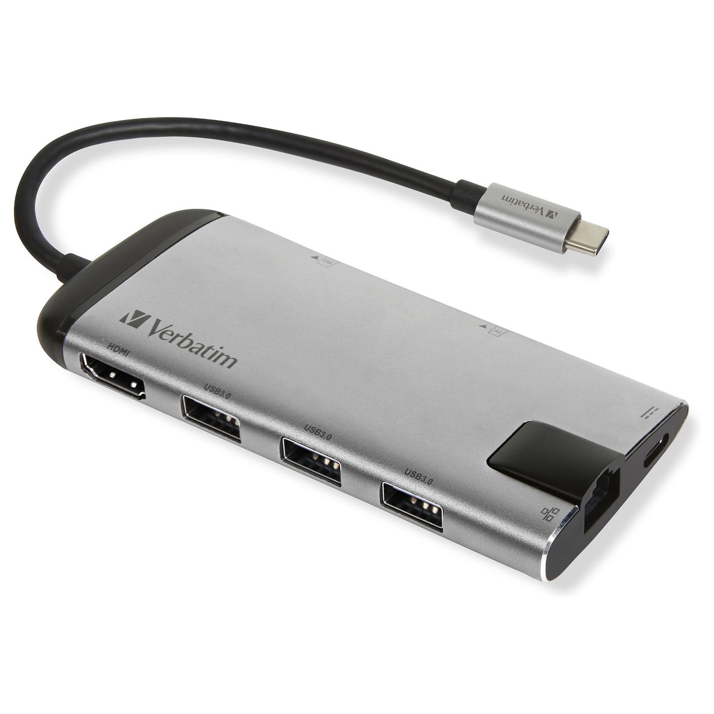 Hub USB Verbatim 49142 / USB-C / 3x USB-A / HDMI 4K / RJ45 Gigabit / SD + MicroSD / USB-C PD / 0.15 m - Zezë/Argjend