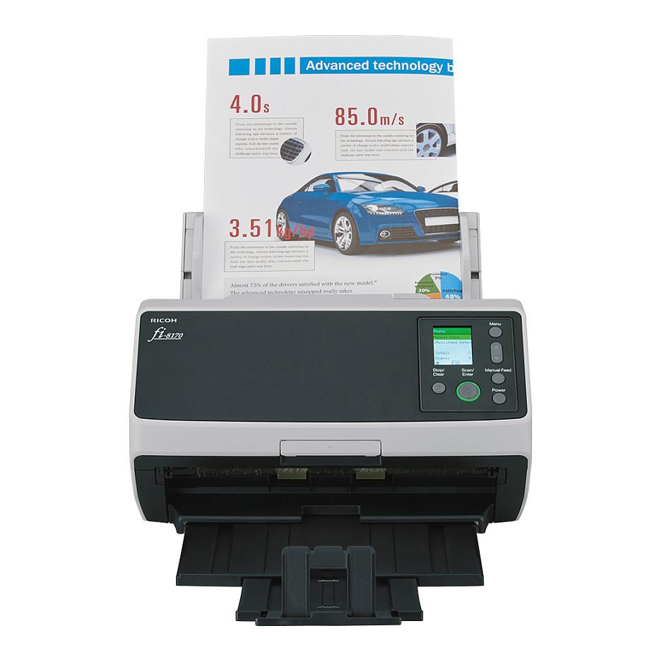 Skaner Ricoh fi-8170 / A4 / Dual CIS / 600 × 600 DPI / Duplex / 70 ppm / 140 ipm / ADF 100 Fletë / 10.000 Fletë/Ditë / USB 3.2 / Ethernet - Gri e errët/Bardhë - 3