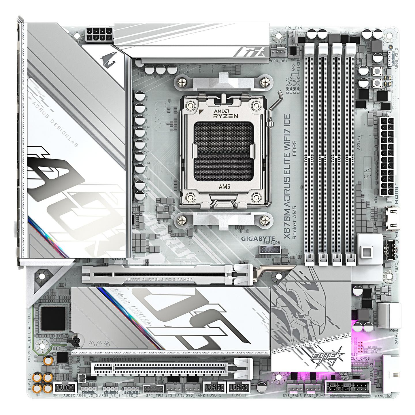 Pllakë Amë Gigabyte X870M AORUS ELITE WIFI7 ICE / AMD AM5 / DDR5 / Micro-ATX / Wi-Fi 7 / 2.5GbE LAN - 2