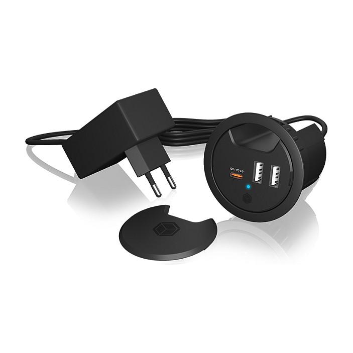 Karikues USB për Tavolinë ICY BOX IB-HUB1407, USB-C PD 27W, 2x USB-A, 30W - Zezë