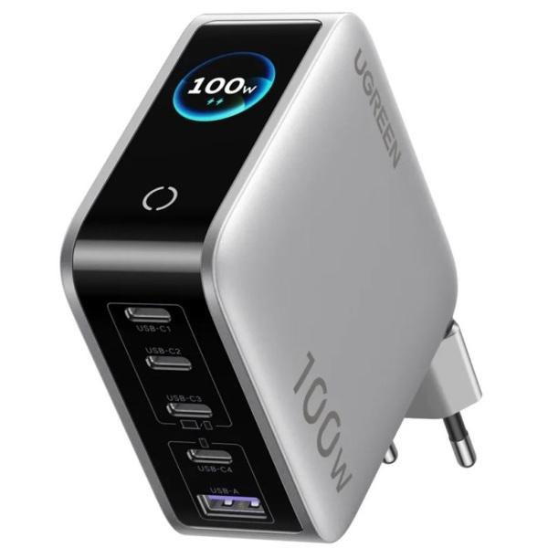 Adapter UGREEN Nexode Pro 65620 / 100W / 4x USB-C / USB-A / GaN / Smart Display / Touch Control - Gri