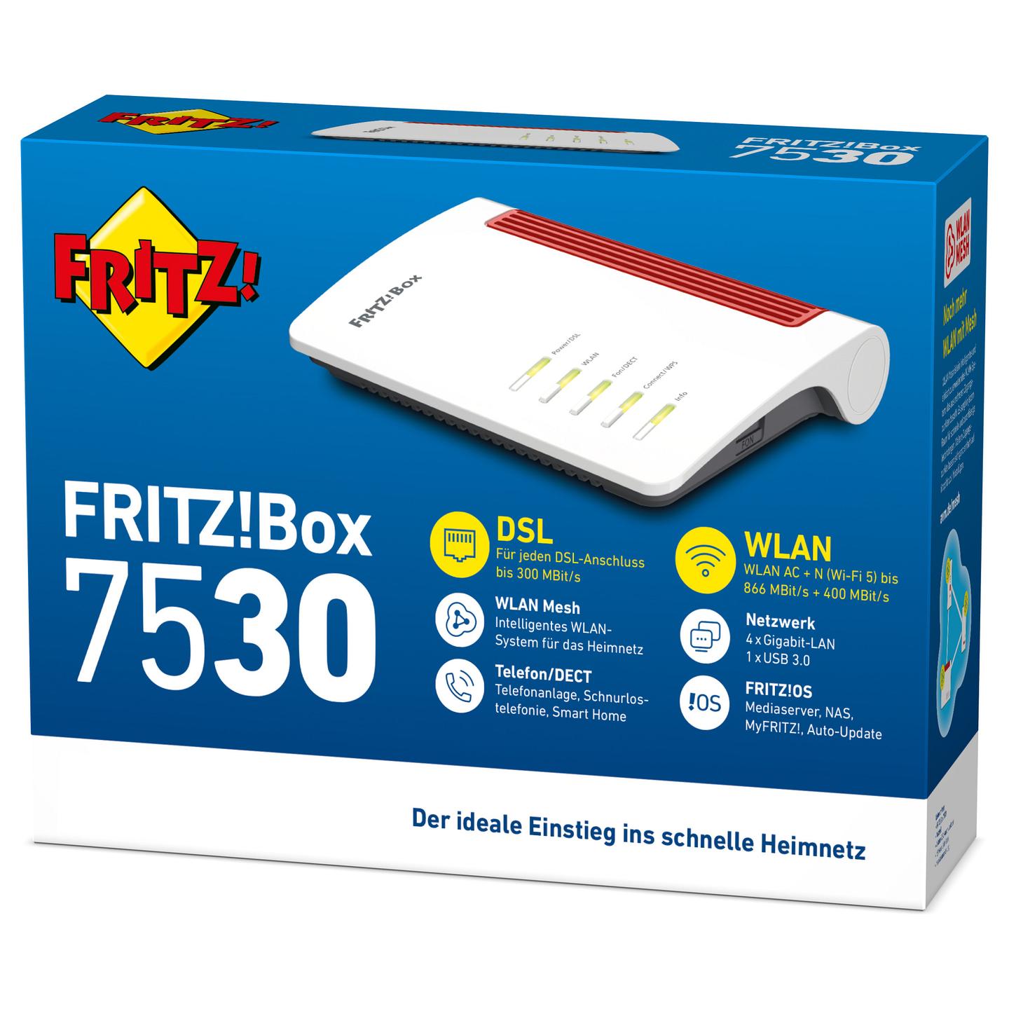 Ruter FRITZ!Box 7530, Wi-Fi 5 AC1300, Dual-Band, ADSL/VDSL, 4× Gigabit LAN, USB 3.0 - Bardhë/Kuqe - 5