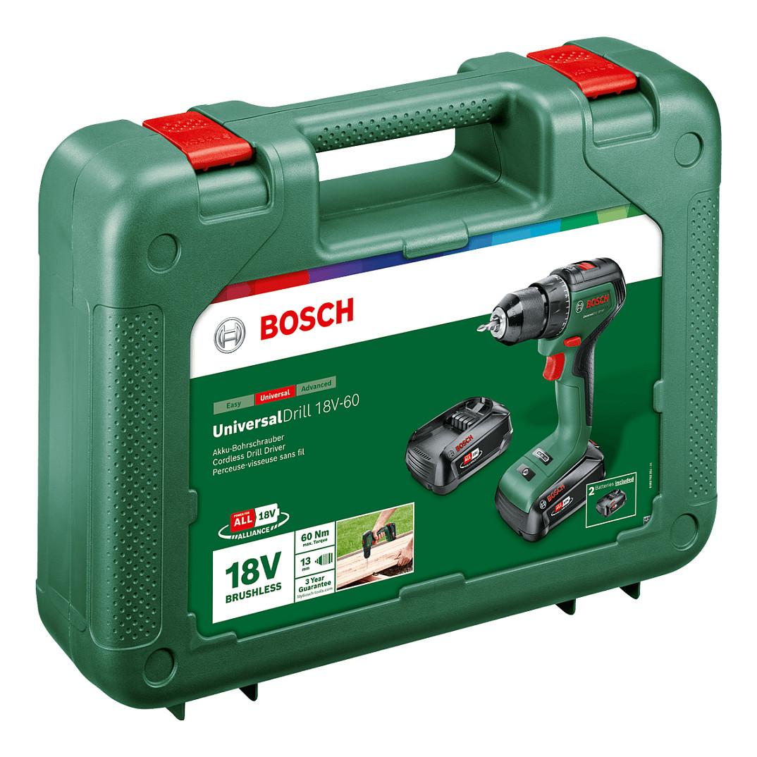 Shpuese me Bateri Bosch UniversalDrill 18V-60, 18V, 60Nm, 500–1900rpm, Mandrinë 13mm, 2x2Ah, Karikues, Valixhe - Gjelbër/Zezë - 3