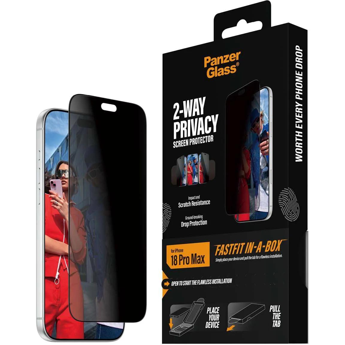Mbrojtës Ekrani PanzerGlass 2-Way Privacy / iPhone 17 Pro Max, 18 Pro Max / Xham i Temperuar / Privacy 2-Kahësh / Ultra-Wide FastFit - Transparente