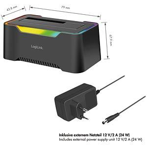 Këllëf për Disqe LogiLink QP0035, 1-Bay, SATA HDD/SSD 2.5", HDD 3.5", USB-C 3.2 Gen 1, RGB – Zezë - 2