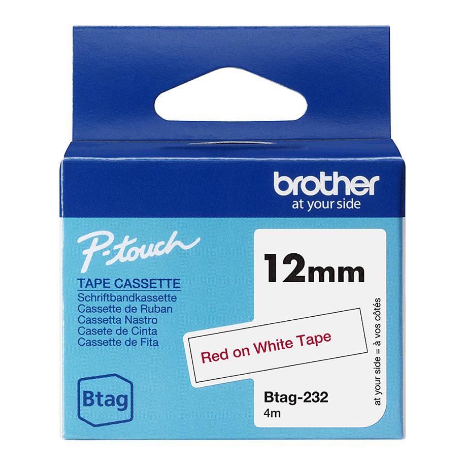 Shirit për Etiketues Brother BTAG-232, 12 mm × 4 m, shkrim i kuq në shirit të bardhë