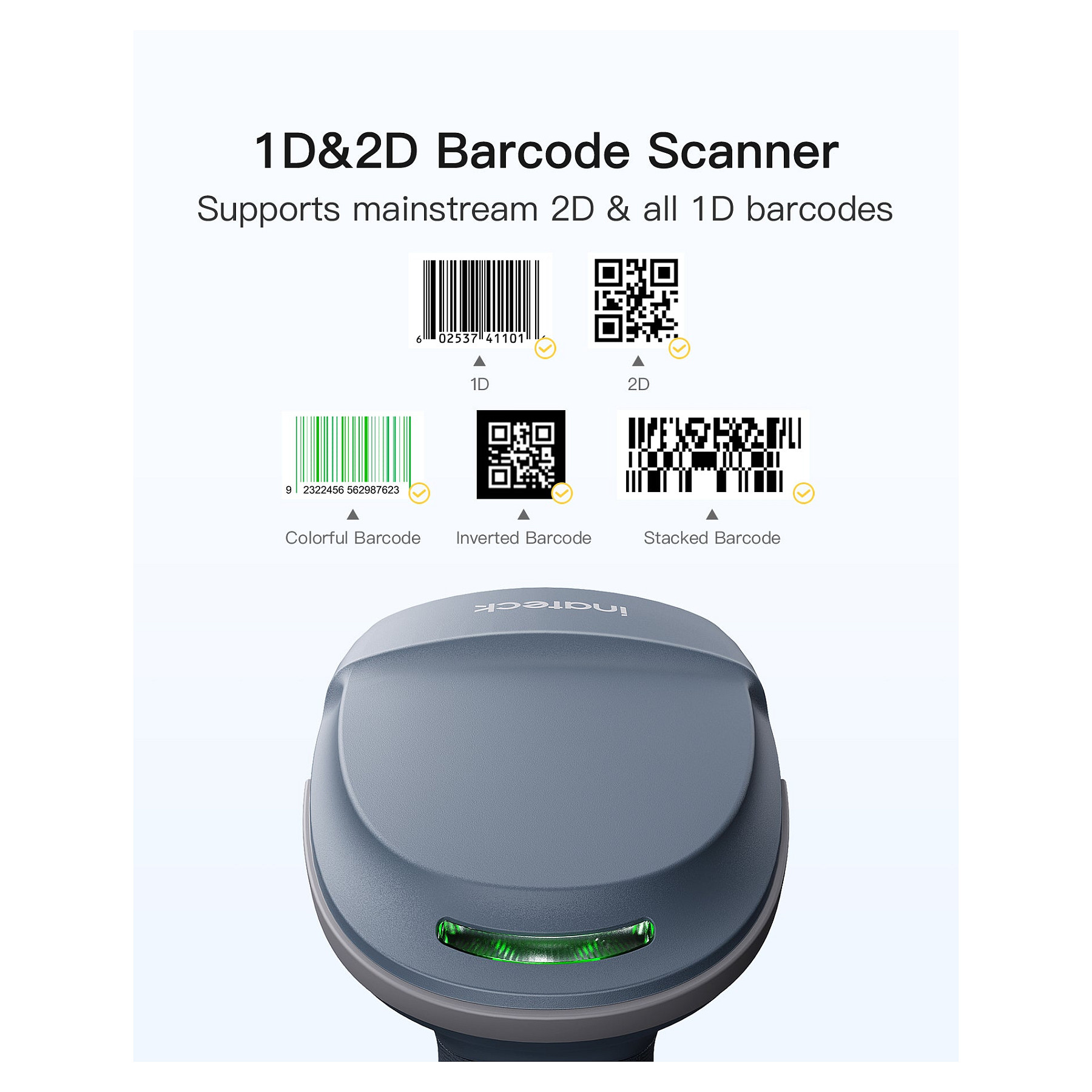 Skaner Barkodesh Inateck BCST-54 / 1D/2D / CMOS / Bluetooth + USB / 2600mAh - Blu/Gri - 2