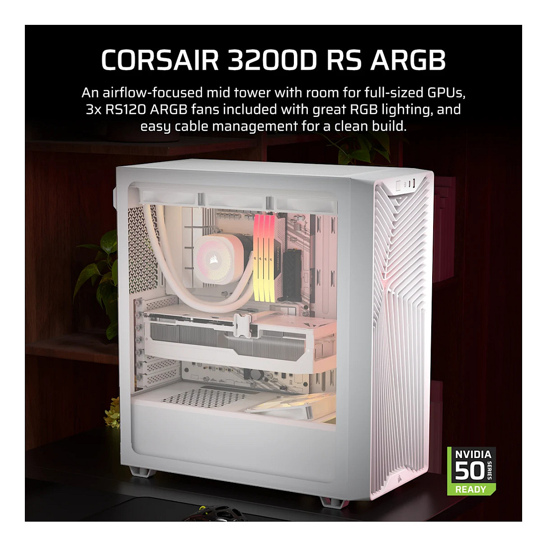 Kasë PC Corsair 3200D RS ARGB / Mid Tower / ATX / 3x 120mm ARGB Fan / Tempered Glass / Mesh / 360mm Radiator - Bardhë - 2