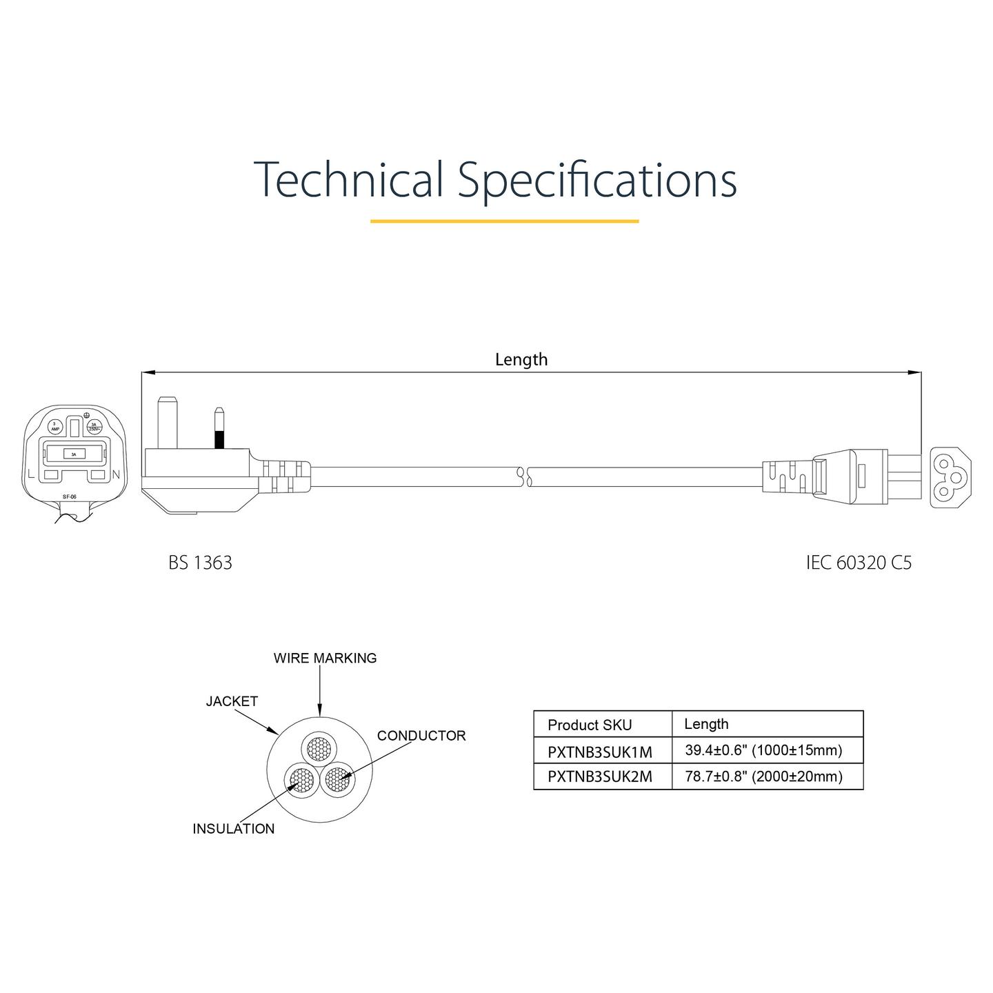 Kabllo për Furnizim me Energji StarTech.com PXTNB3SUK1M / BS 1363 - C5 / 18 AWG / 250 V / 2.5 A / 1m - Zezë - 5