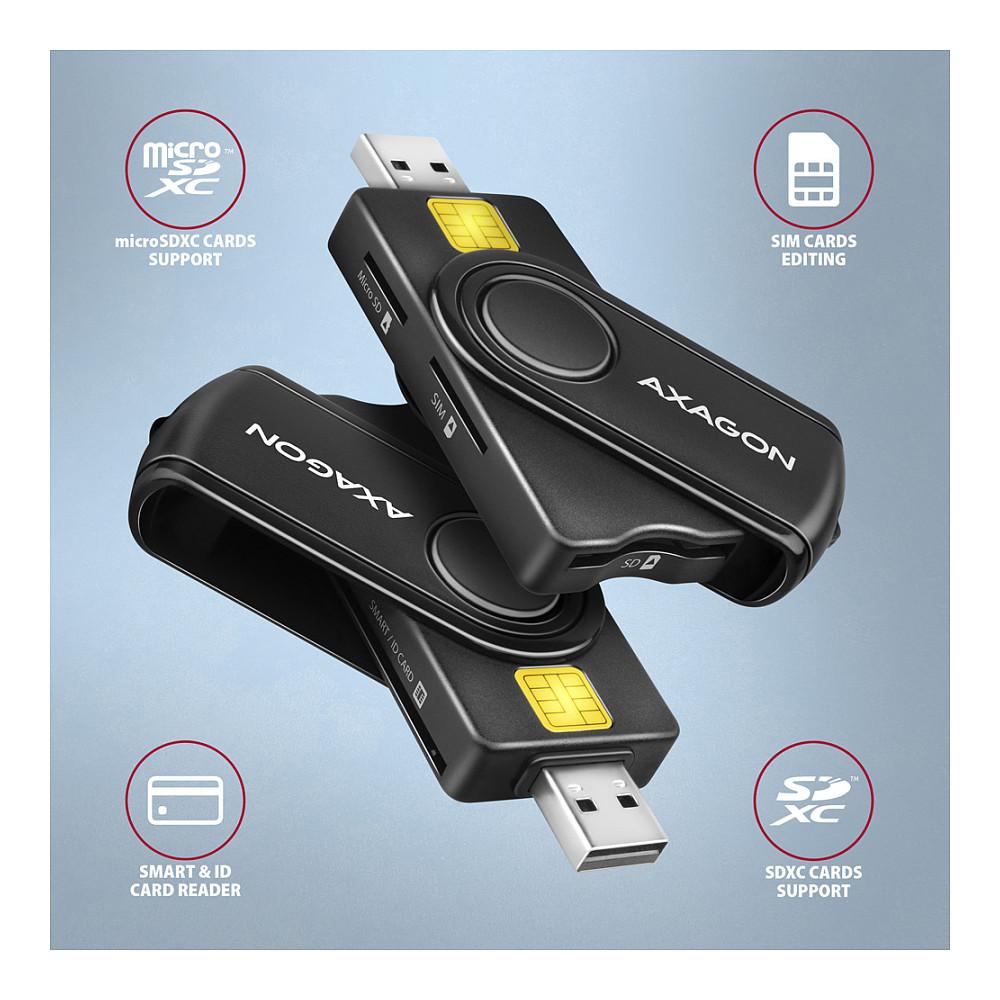 Lexues Kartelash AXAGON CRE-SMP2A, USB 2.0, Smart Card/ID, SD, microSD, SIM, USB-A me adapter USB-C – Zezë - 2