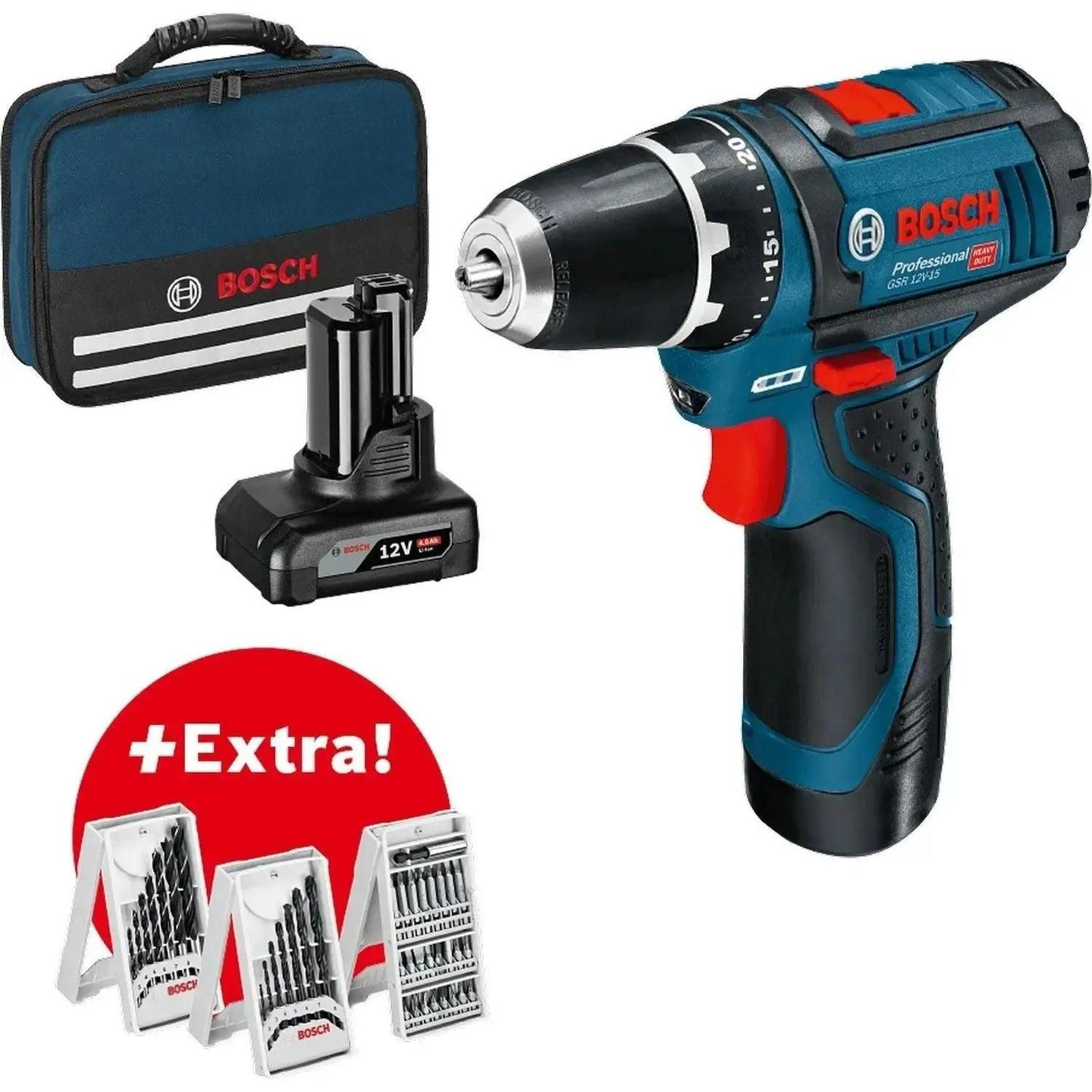 Shpuese me Bateri Bosch GSR 12V-15 Professional, 12V, 30Nm, Mandrinë 10mm, 2 Bateri 2.0Ah/4.0Ah - Blu/Zezë - 2