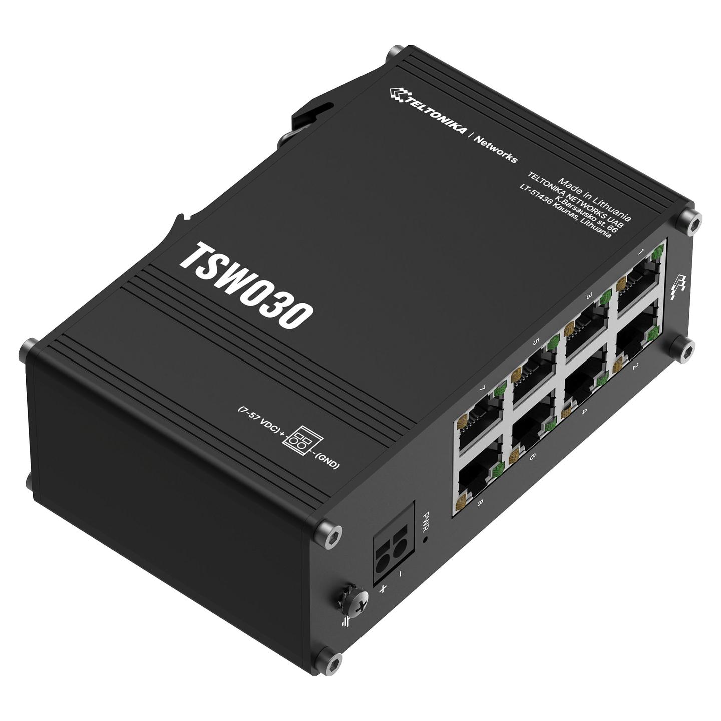 Switch Industrial Teltonika TSW030, 8x Ethernet RJ45, 10/100Mbps, Unmanaged, Montim DIN Rail, IP30 - Hiri