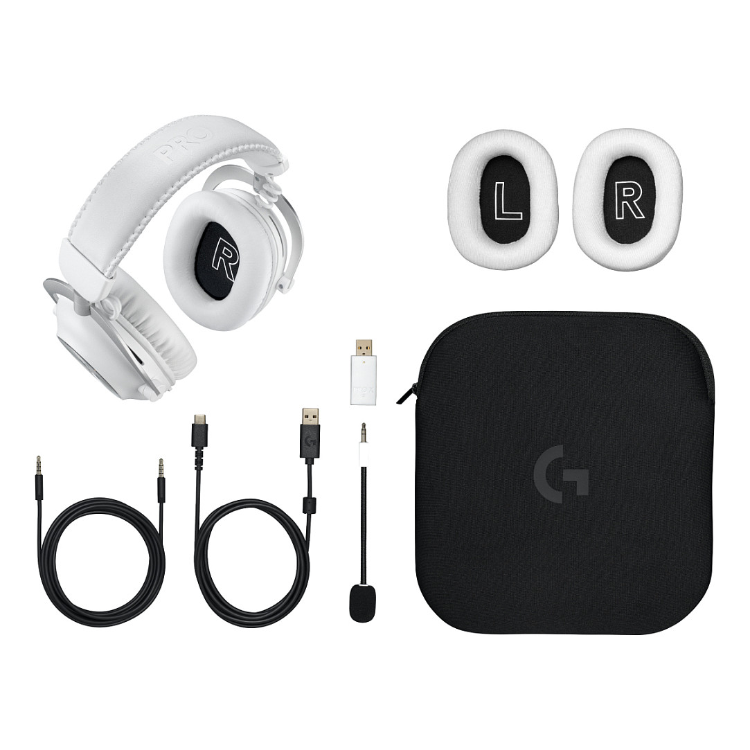 Kufje Gaming Logitech PRO X 2 Lightspeed – Bardhë + Mikrofoni + Jastekë shtesë për veshët + Çantë + Adapter + Kabllo USB-C + Kabllo audio - 1