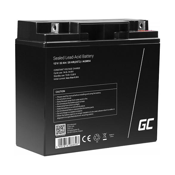 Bateri AGM Green Cell AGM54, 12 V, 22 Ah, VRLA, pa mirëmbajtje – Zezë