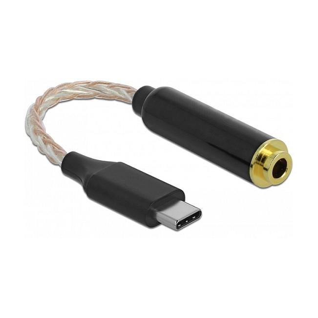 Adapter Audio DeLOCK 66302, USB-C Mashkull në 4.4mm 5-pin Stereo Femër, High-Res Audio, 24-bit/96kHz, 12.5cm - Zezë