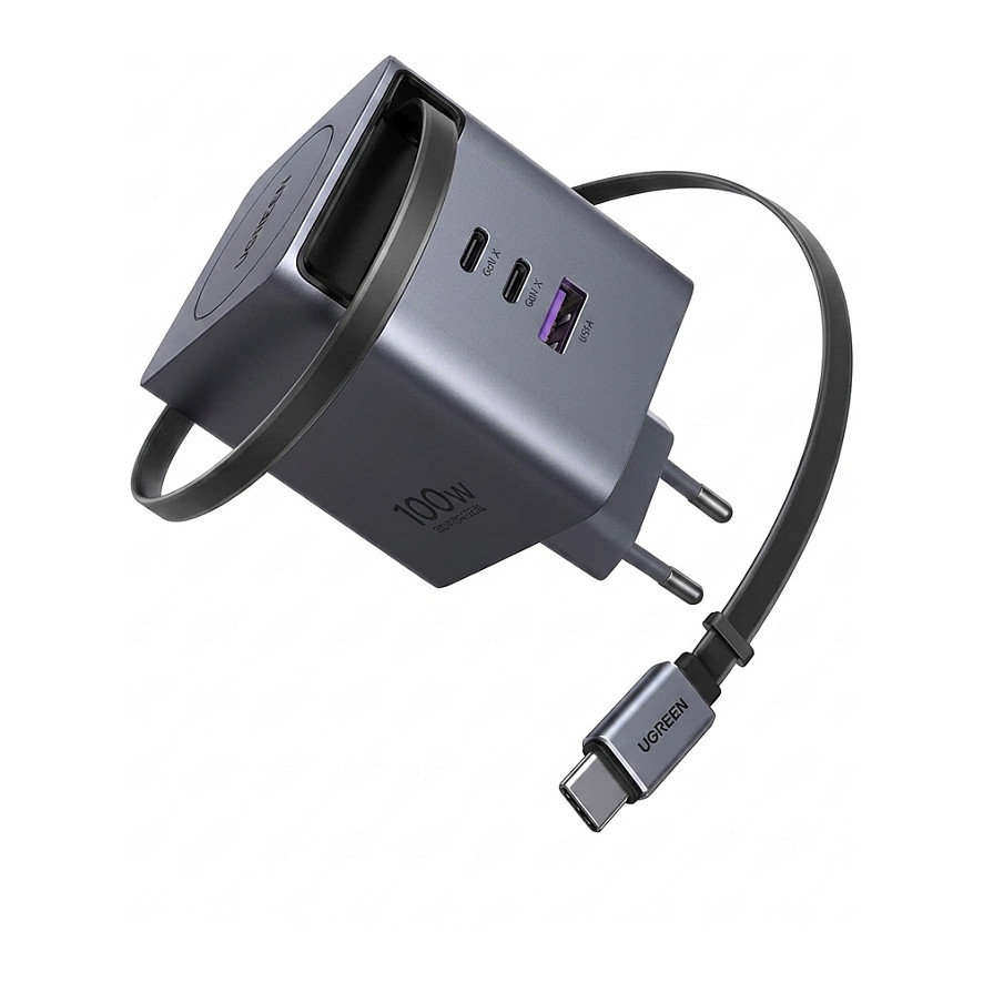 Karikues UGREEN X616 / 100W GaN / 2x USB-C + USB-A / Kabllo USB-C të Tërheqshme 0.75m - Gri
