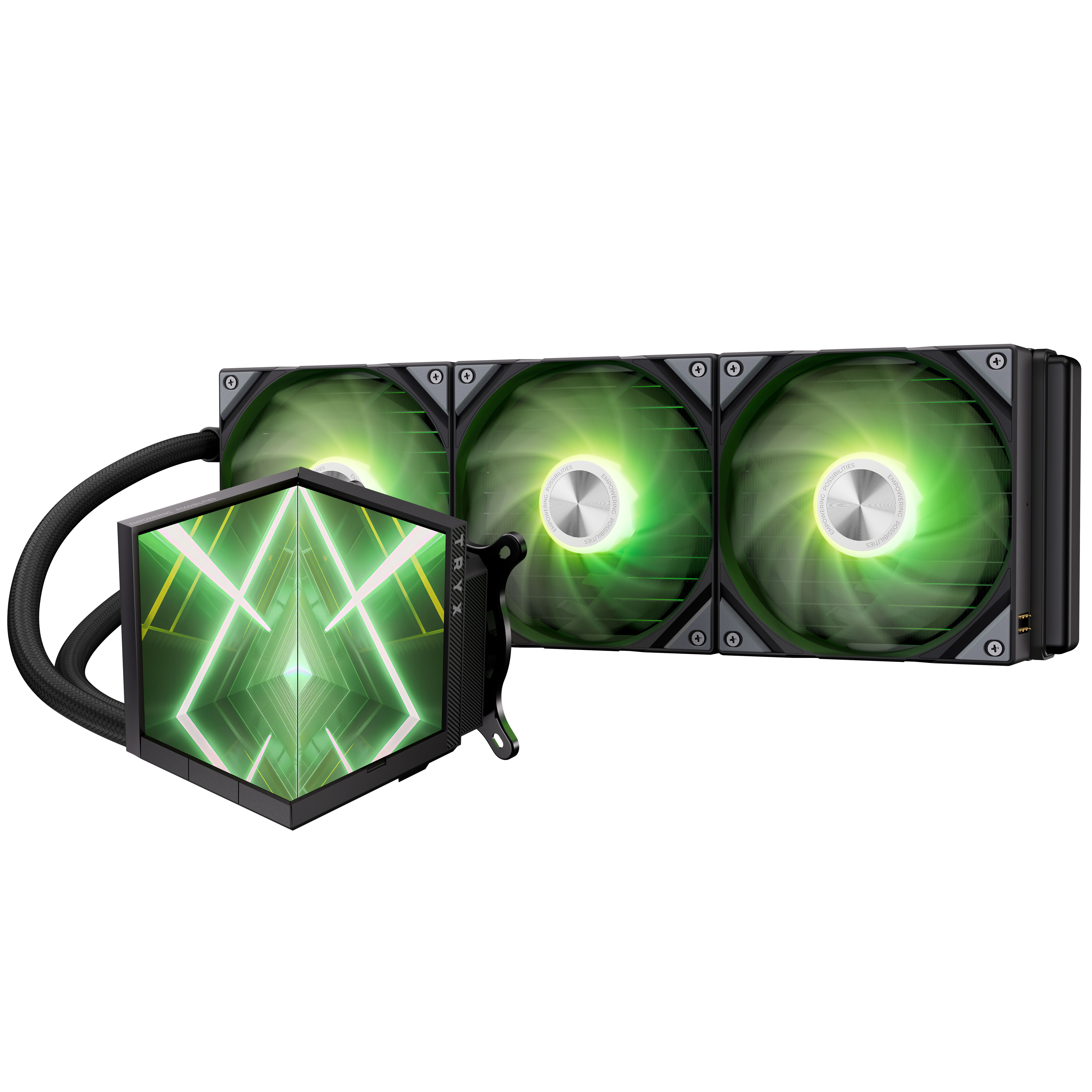 Ftohës për Procesor TRYX STAGE ARGB 360 / AIO / 360mm / 3×120mm ARGB Fan / Dual 4" IPS Display / 280W TDP / AM4/AM5 / LGA115x/1200/1700/1851 – Zezë