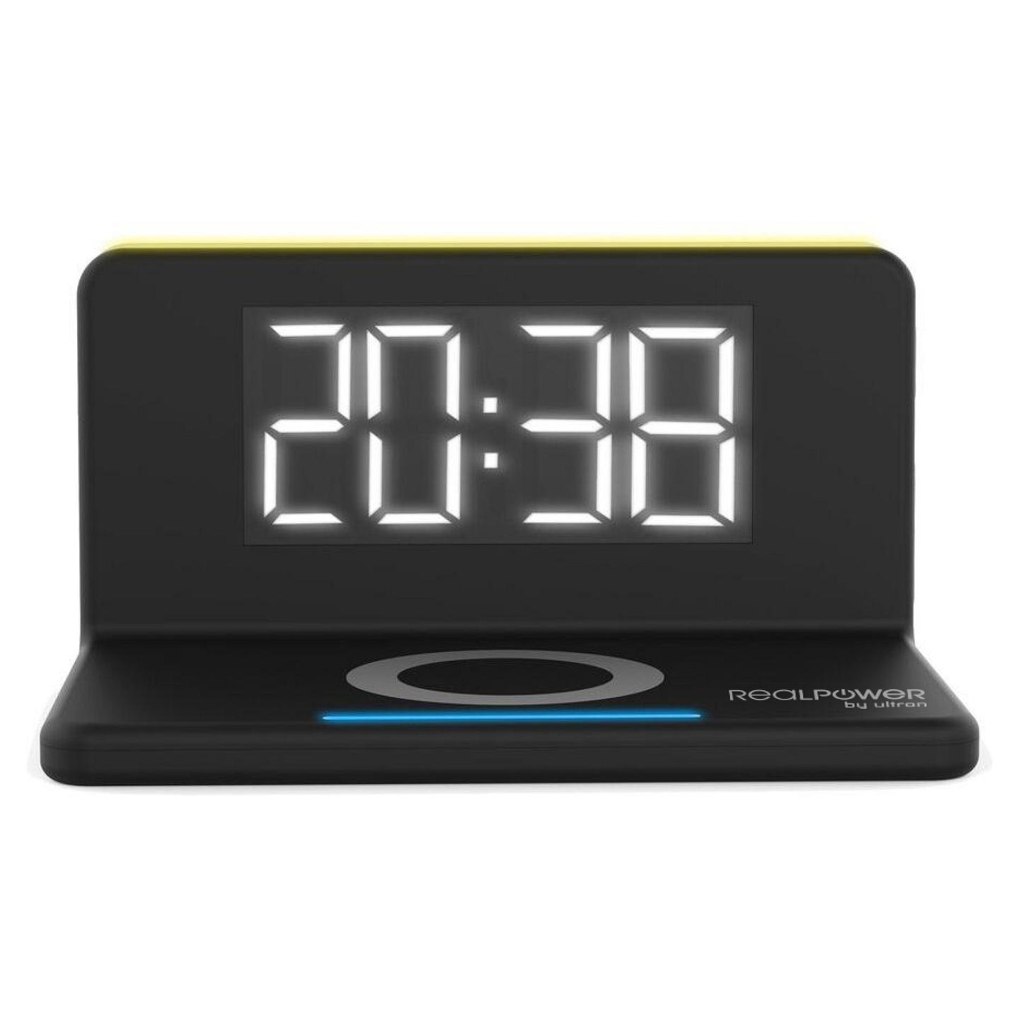 Karikues RealPower ChargeAir Clock / Karikim Wireless Qi / 10W / USB-A / Orë Alarmi – Zezë