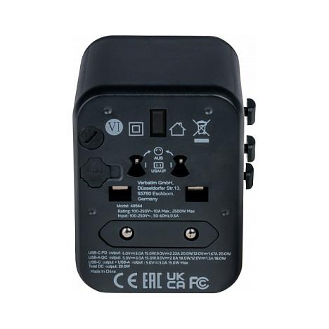 Adapter Verbatim 49544, Universal Udhëtimi, USB-C PD 20W, USB-A QC 3.0 18W, 100–250V - Zezë