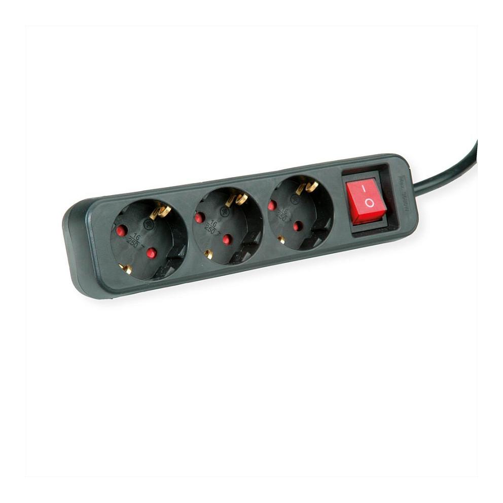 Zgjatues Prizash ROLINE 19.07.1071, 3x Schuko, Kabllo 10 m, Ndërprerës i Ndriçuar, 250 V, 3600 W – Zezë