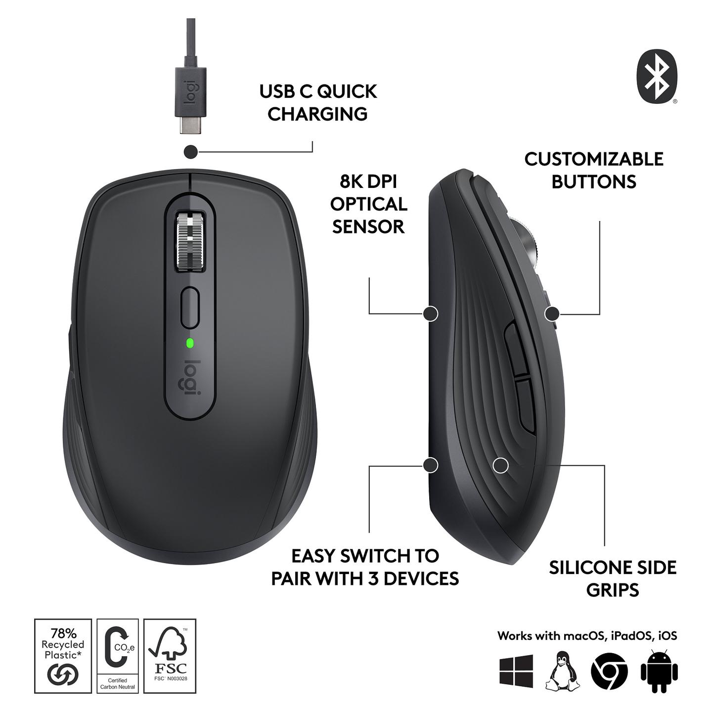 Maus pa kabllo Logitech MX Anywhere 3S / 8000 DPI / 6 Butona / Bluetooth + USB / MagSpeed - Grafit - 15