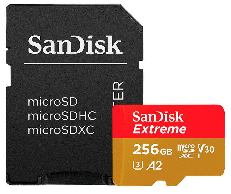 Kartë Memorie SD SanDisk Extreme PLUS / 256GB / microSDXC / UHS-I / U3 / V30 / A2 / 200MB/s – Kuqe/ArI