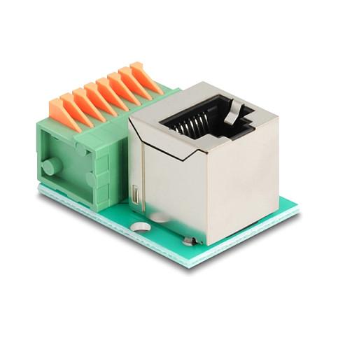 Adapter për Rrjet DeLOCK 90653, Cat.5e, RJ-45 Femër 90° në Terminal 8-Pin, me Butona për Lidhje pa Vegla - Gjelbër, Argjend