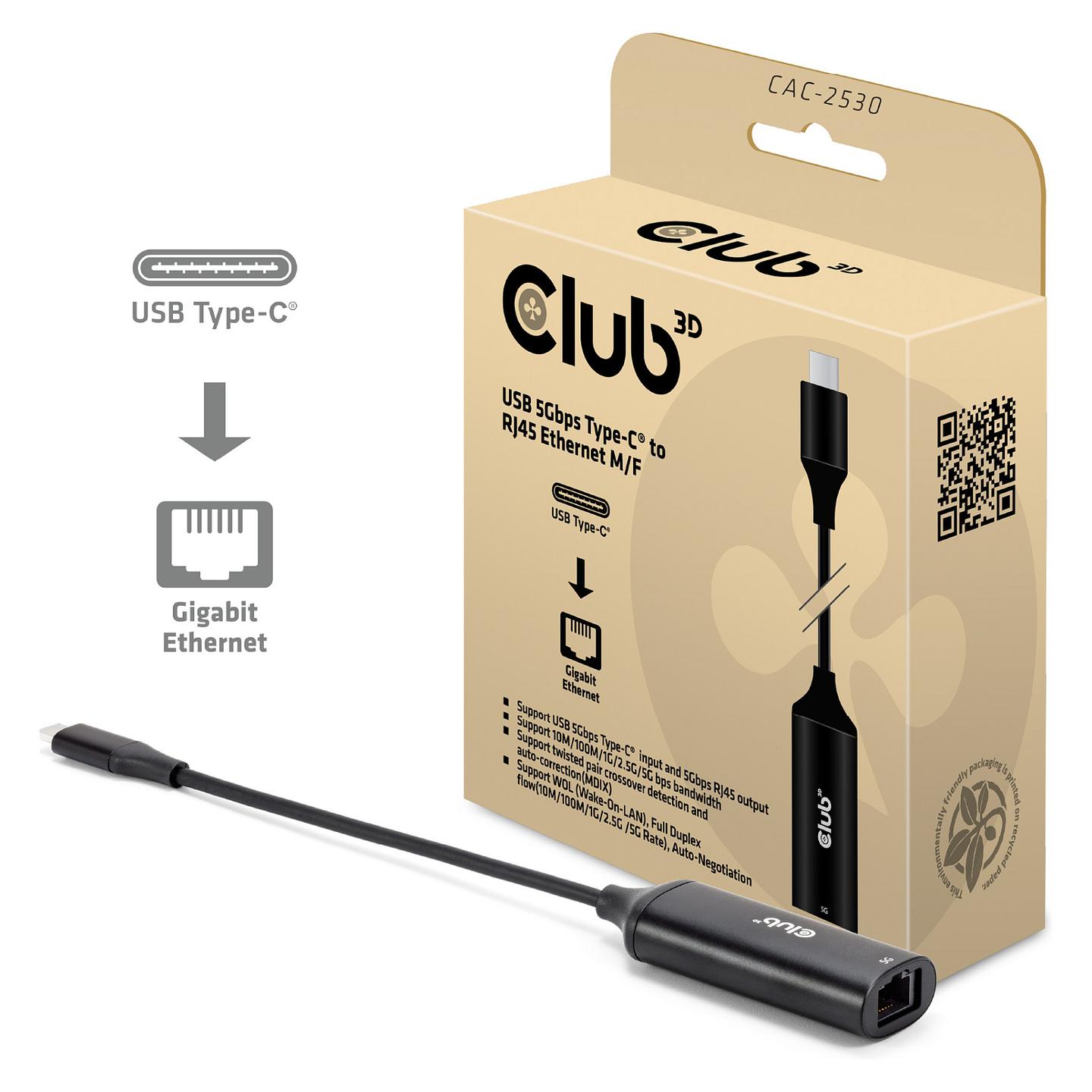 Adapter USB-C në Ethernet CLUB3D CAC-2530, RJ45 5 Gbps, USB-C 10 Gbps, Kabllo 12 cm – Zezë