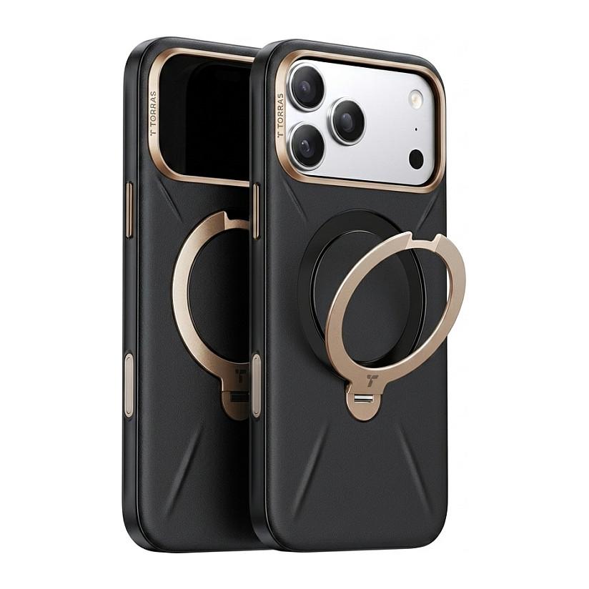 Aksesorë për telefon Torras Ostand Spin VegSkin Series / iPhone 17 Pro / MagSafe / Mbajtëse 360° – Ari/Zezë