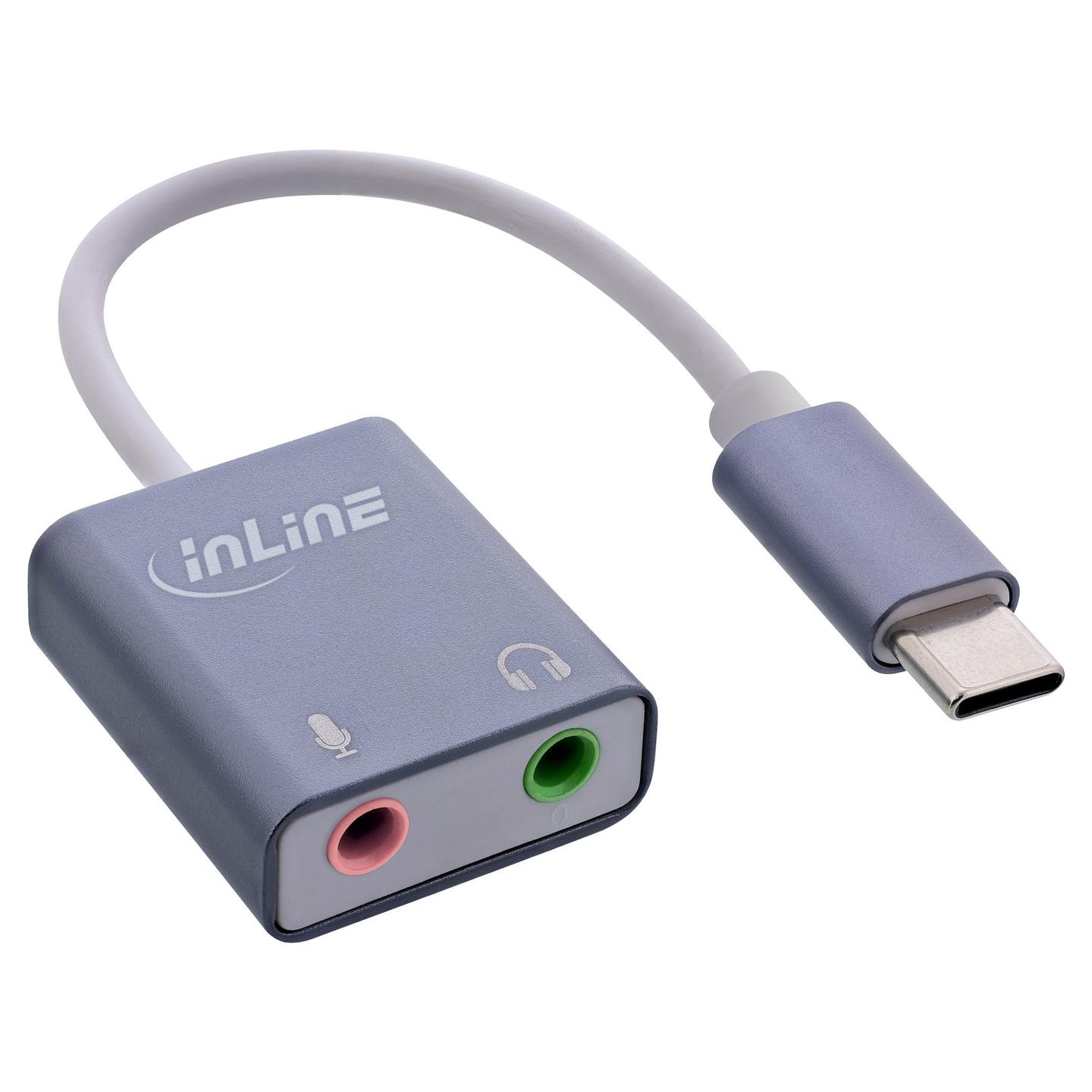 Adapter Audio InLine 33051F, USB-C në 2x 3.5 mm, Kufje dhe Mikrofon, DAC, USB 2.0, Kabllo 12 cm – Argjend