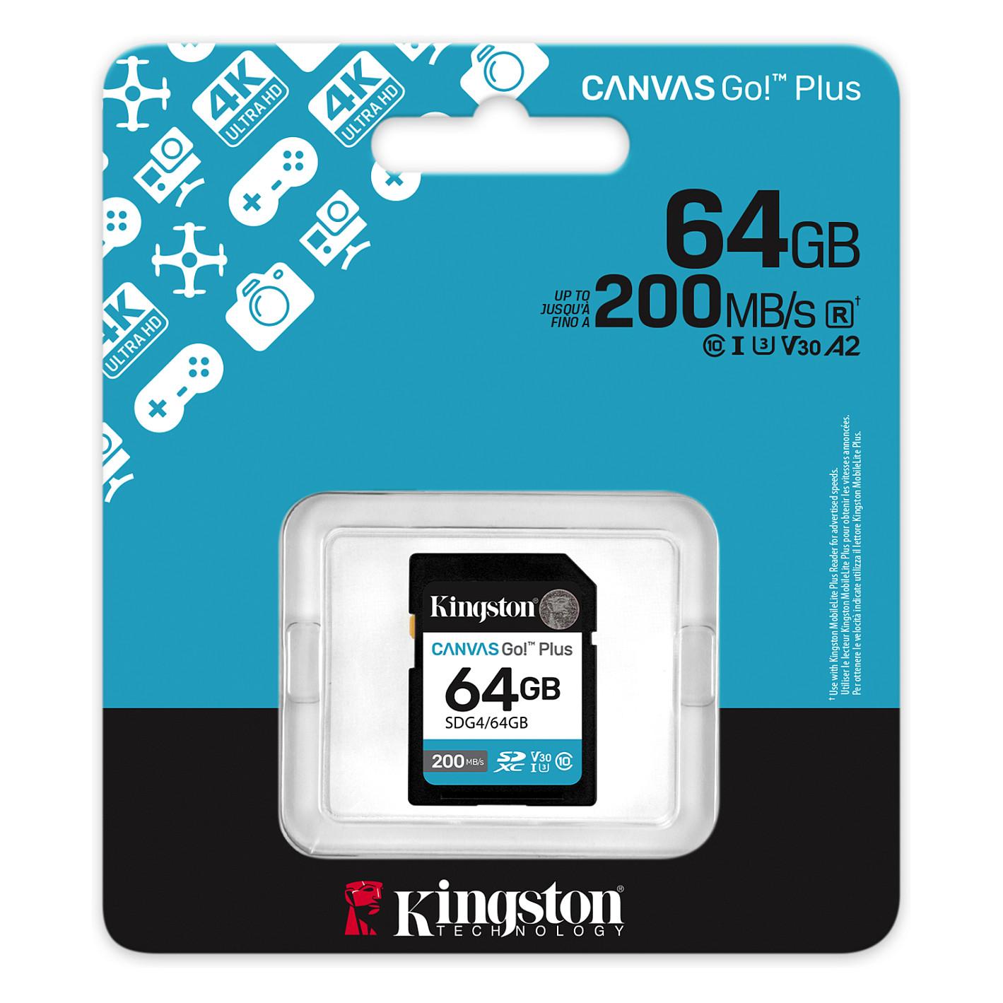 Kartë Memorie Kingston Canvas Go! Plus Gen4 / 64GB / SDXC / UHS-I / U3 / V30 / Class 10 / 200MB/s Lexim / 100MB/s Shkrim / 32 × 24 × 2.1mm / 2.3g - Zezë - 3