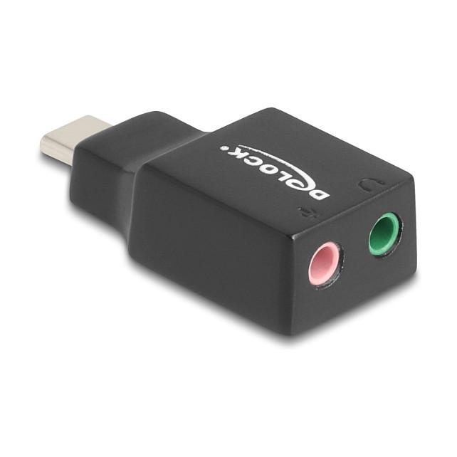 Karta e Zërit USB DeLOCK 67128, USB-C Mashkull, 2x 3.5mm Femër, 16-bit, 48kHz, Plug & Play - Zezë
