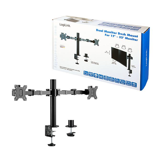 Mbajtëse për Monitor LogiLink BP0106 / 2 Monitorë / 17–32" / deri 12kg për Monitor / VESA 75x75 & 100x100 / Full Motion / 380mm - Zezë - 7