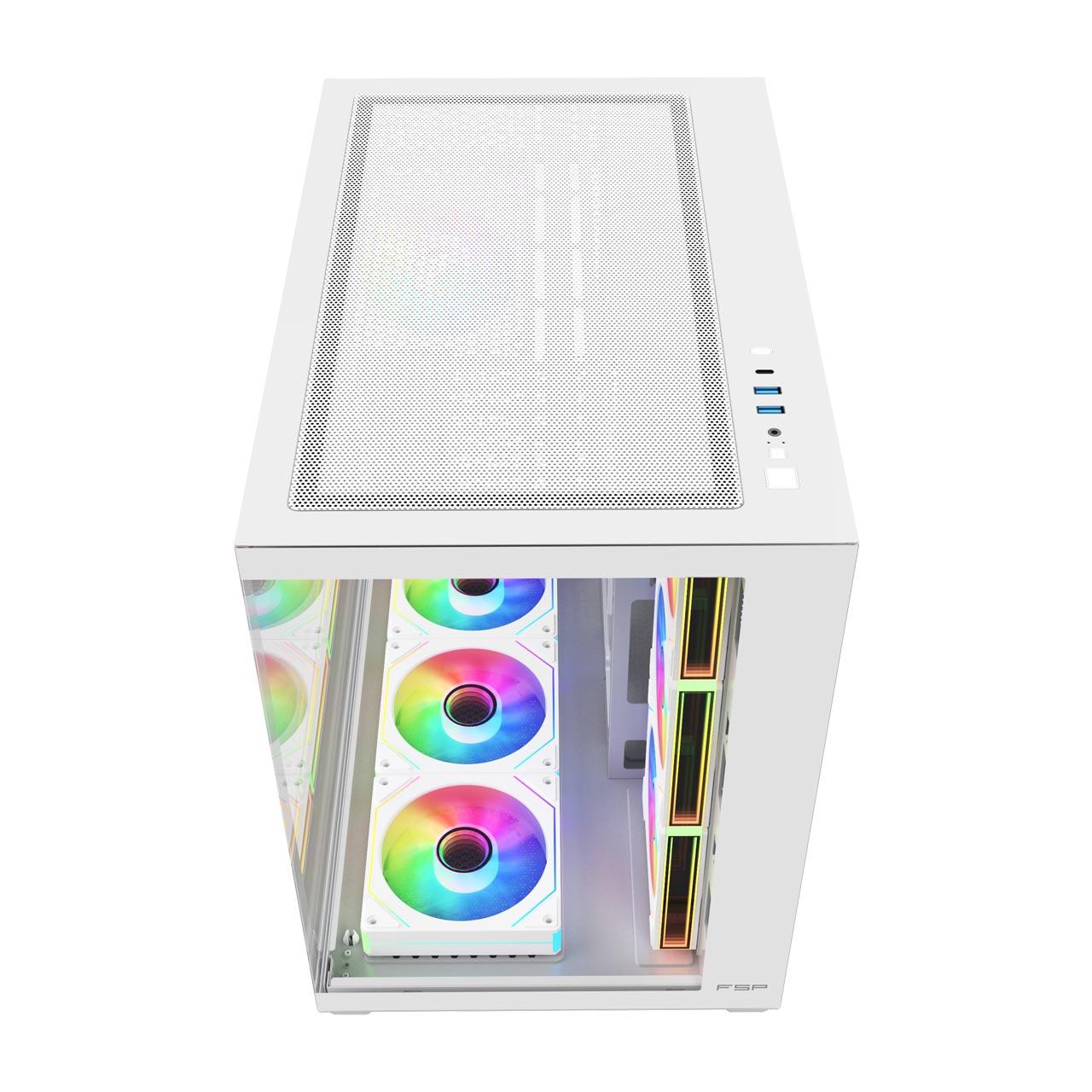 Kasë Fortron M341-WA / ATX Dual-Chamber / 7x120mm ARGB (6×Reverse + 1×Prapa) / USB 3.0 + Type-C / 2 Panele Xhami të Temperuar – Bardhë.