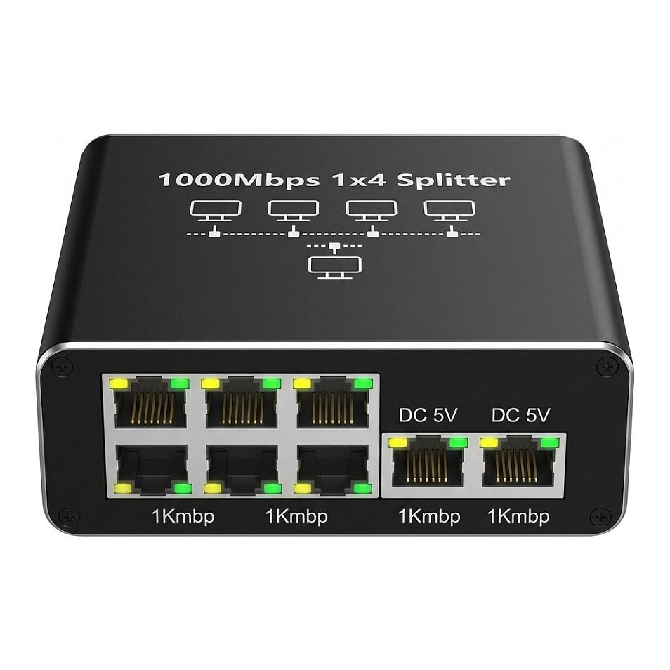 Splitter i Rrjetit ALLNET ALL-NS1005, 5 porta Gigabit Ethernet RJ45, 1 hyrje dhe 4 dalje, Unmanaged, USB-C 5V - Zezë