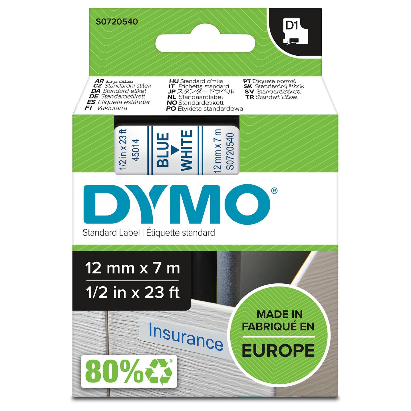 Shirit Etiketimi DYMO D1 Standard S0720540, 12 mm × 7 m, Tekst Blu në Shirit të Bardhë