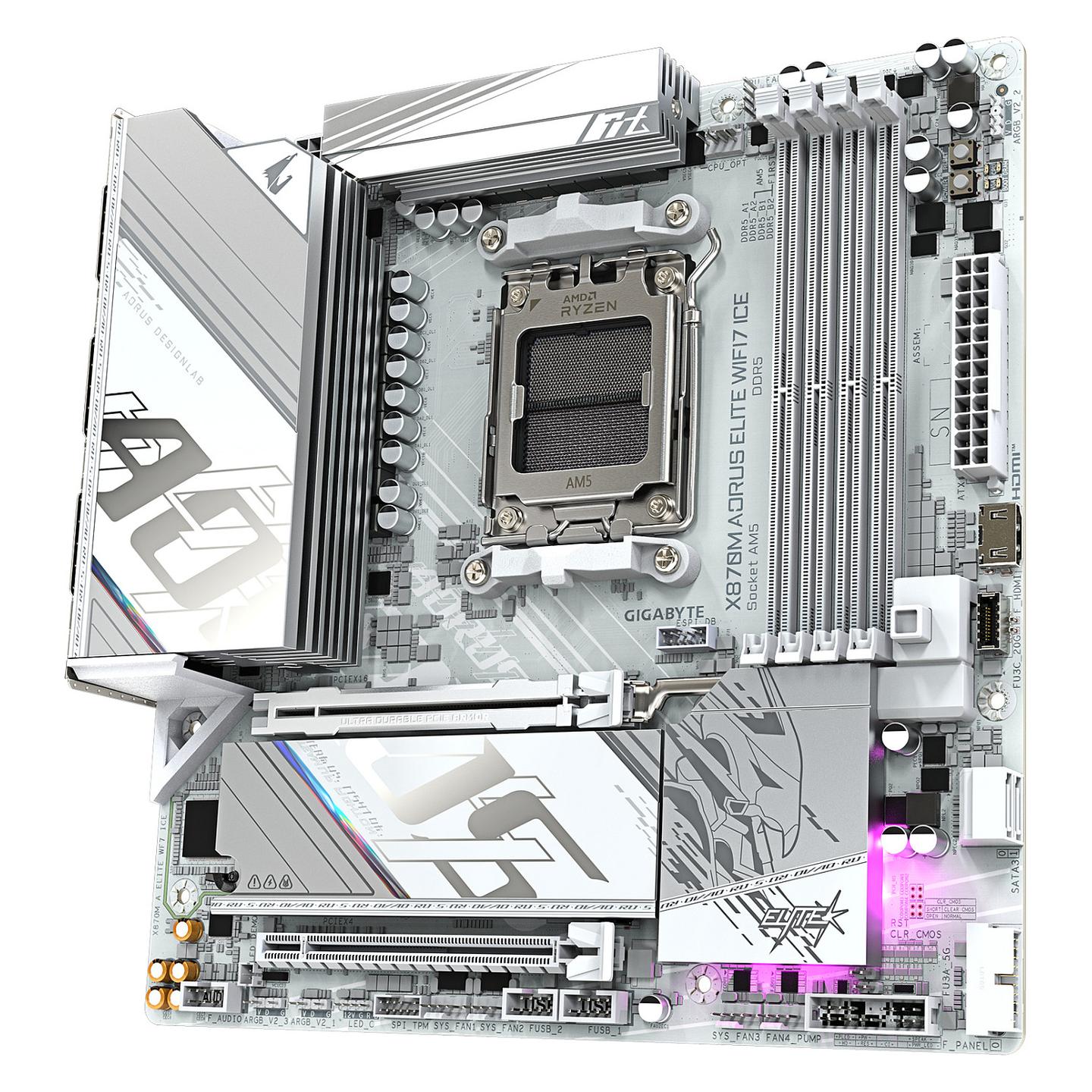 Pllakë Amë Gigabyte X870M AORUS ELITE WIFI7 ICE / AMD AM5 / DDR5 / Micro-ATX / Wi-Fi 7 / 2.5GbE LAN - 3