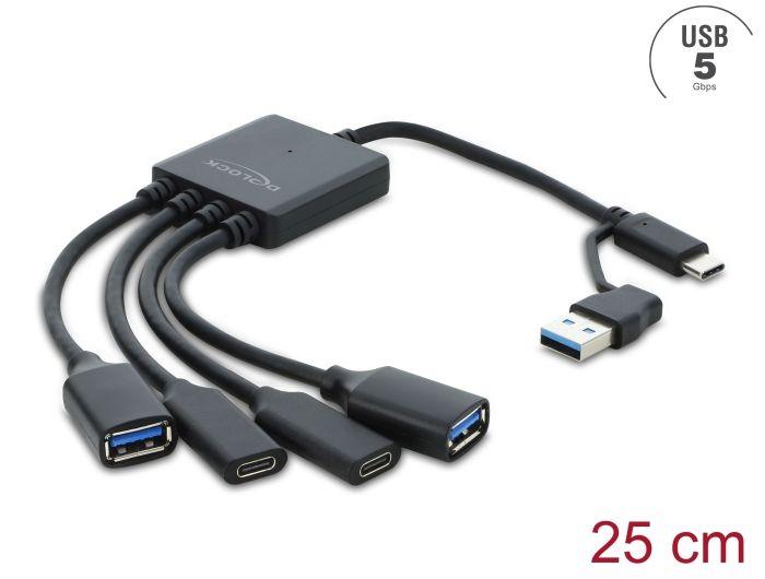 Hub USB DeLOCK 64375, 2x USB-A, 2x USB-C, 5Gbps, USB-C ose USB-A - Zezë