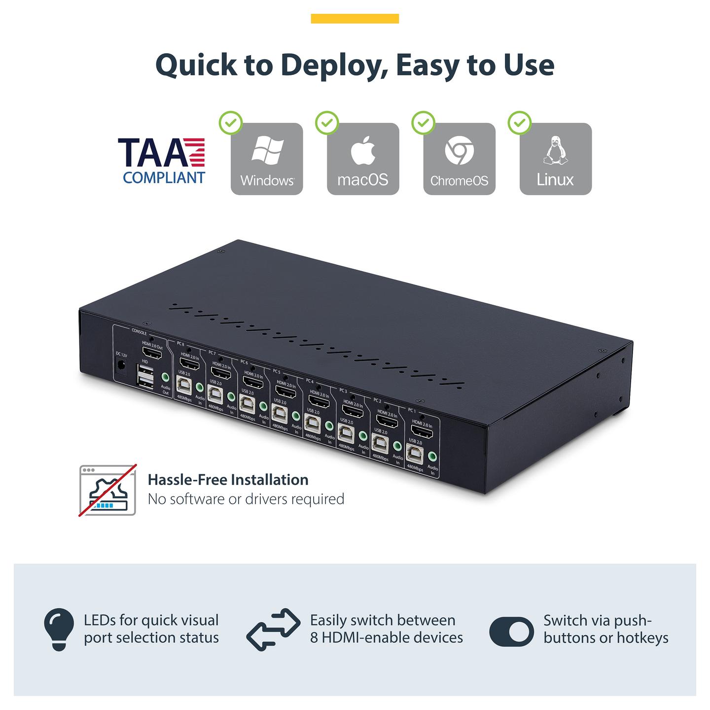 KVM Switch StarTech.com R8AH202-KVM-SWITCH, 8 porta, HDMI 2.0, 4K 60Hz, USB 2.0, Audio, Rack 1U, TAA - Zezë - 7