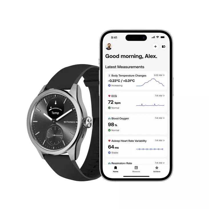 Orë e mençur Withings ScanWatch 2, 42 mm, Ekran Hibrid OLED, Bluetooth, ECG, SpO₂, Matje e Temperaturës, Xham Safiri, 5 ATM – Zezë - 2