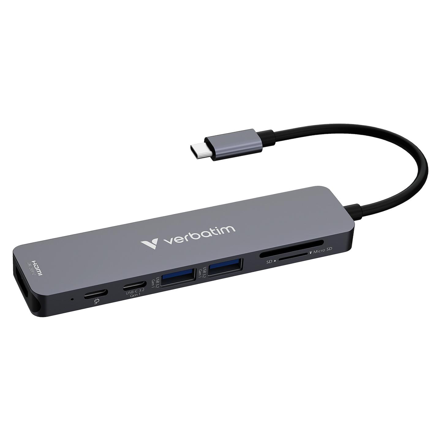 Hub USB-C Verbatim 32158, 7 Porta, HDMI 4K 30Hz, 2x USB-A 3.2 Gen 1, USB-C 3.2 Gen 1, USB-C PD 100W, SD, microSD – Gri