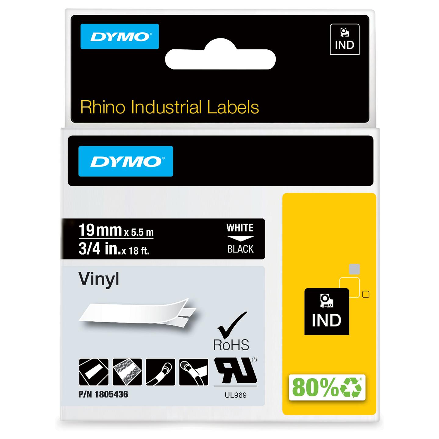 Shirit për Printer Label DYMO Rhino 1805436, vinil, 19 mm × 5,5 m, tekst i bardhë në sfond të zi