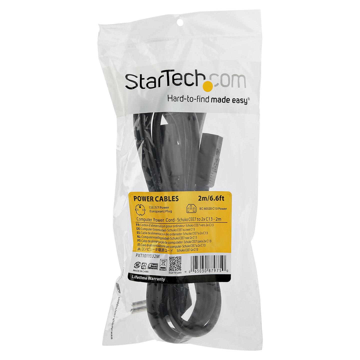 Kabllo për Furnizim me Energji StarTech.com PXT101YEU2M / CEE 7/7 - 2x C13 / 18 AWG / 250 V / 10 A / 2m - Zezë - 6