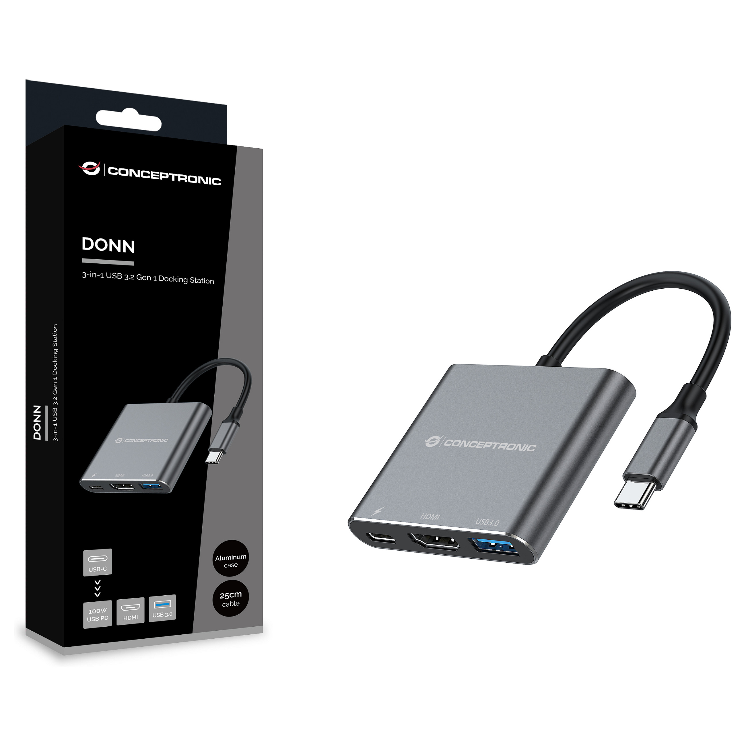 Hub Udhëtimi CONCEPTRONIC 3-në-1 USB-C në HDMI/USB-A 100W PD - Hiri - 4