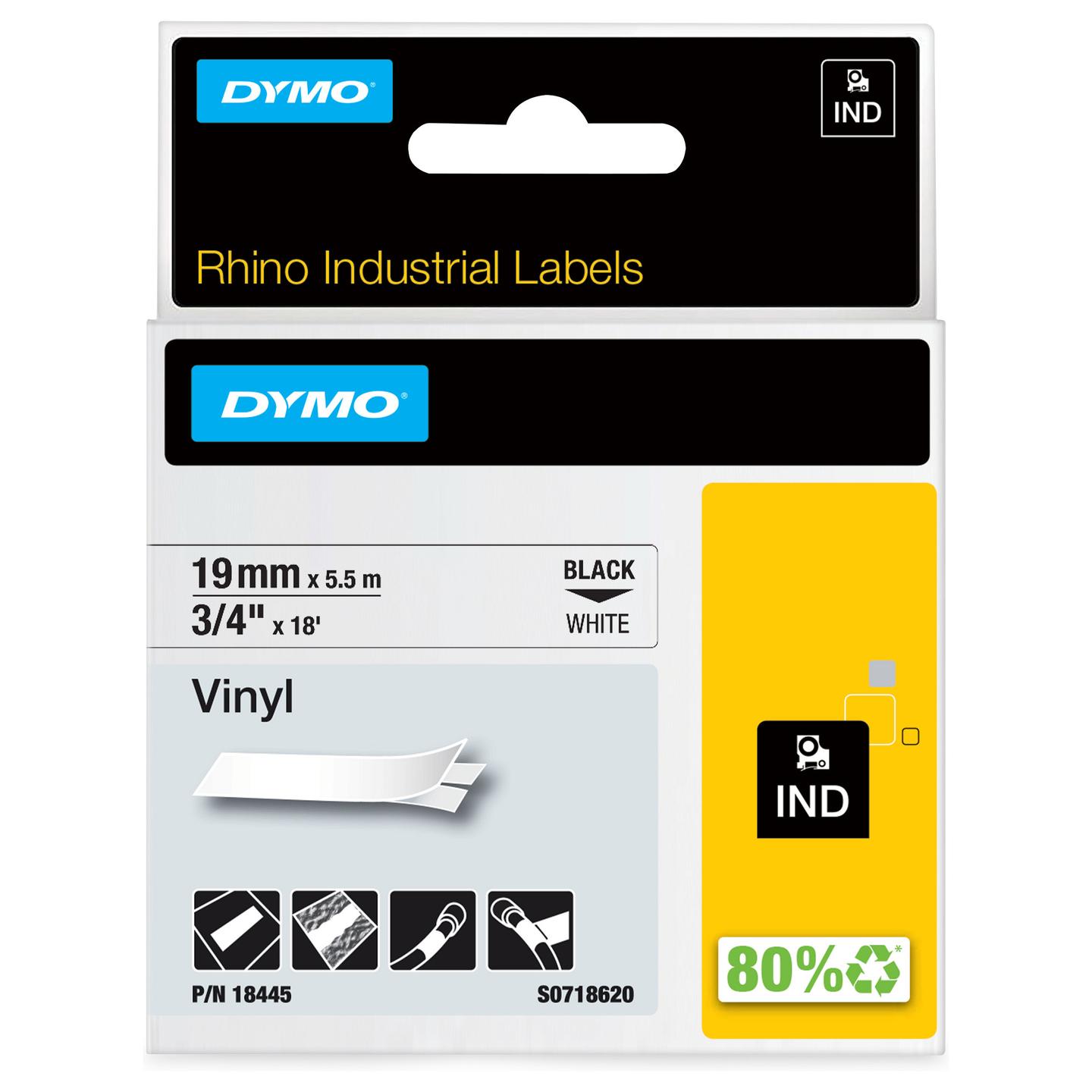 Shirit për printer etiketa Dymo Rhino 18445, vinil, 19 mm × 5,5 m, tekst i zi në sfond të bardhë